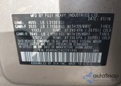 2016 Subaru Outback 2.5I Premium z USA, uszkodzony, nr VIN 4S4BSACC4G3291895